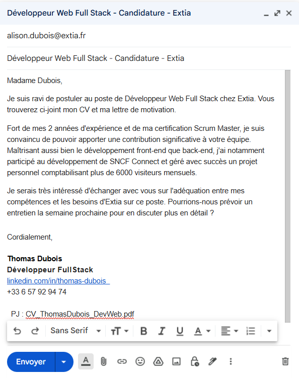 exemple envoi cv gmail