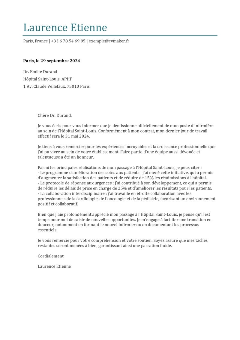 exemple lettre de demission infirmiere